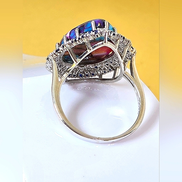925 Sterling Silver Ring Sz 7.5 with Mohave Oyster Turquoise & Nano Crystals - Picture 4 of 12